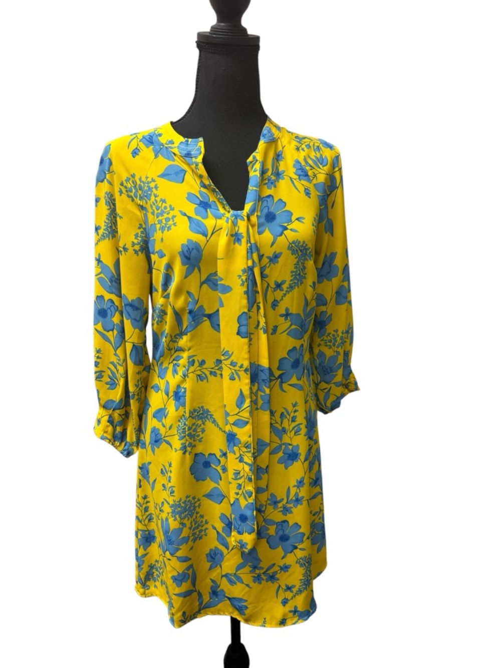 Cabi Yellow Blue Floral Tunic Dress XS Tie Neck Boho 3/4 Sleeve Chic Style